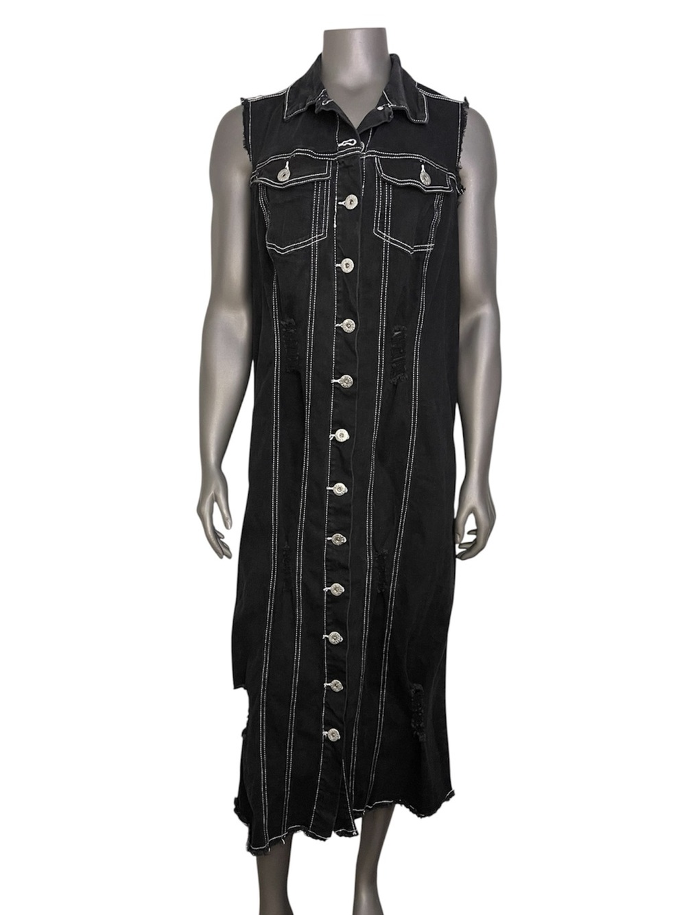 Ashley Stewart Jeans Duster Vest 14/16 Black Distressed Denim Button Down - Picture 3 of 13